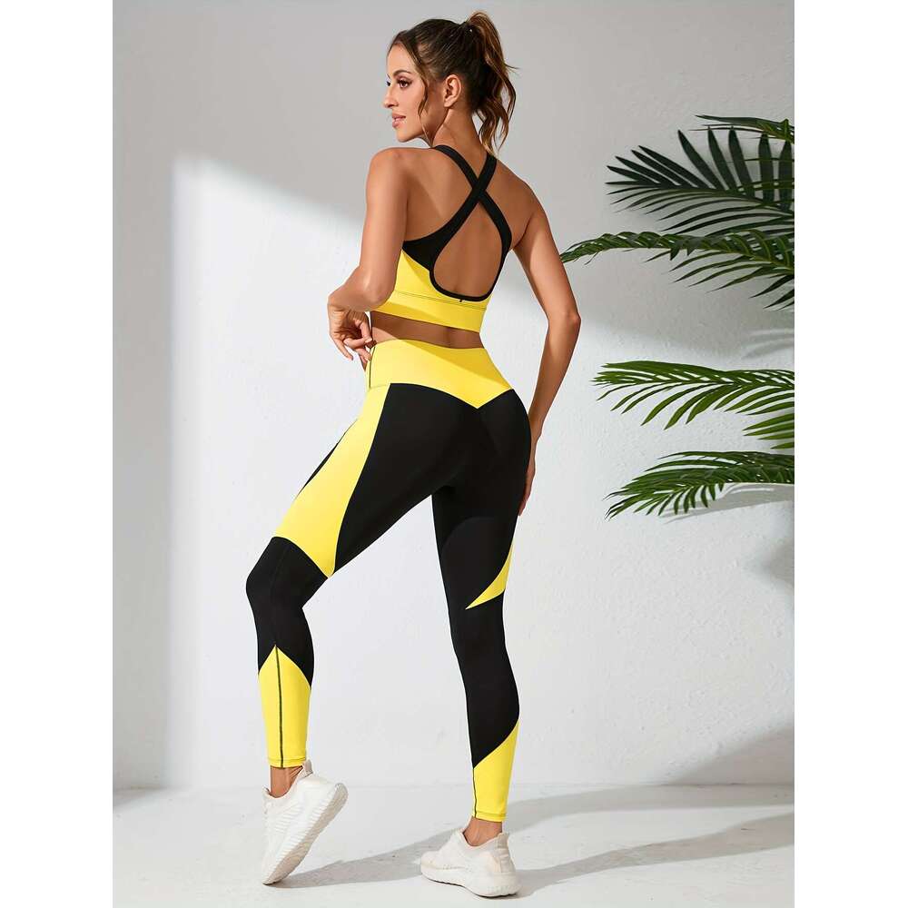 Fiess Training Pants Yoga Bra Set, Waist High Elasticity Hip-lifting Slimming Tight Leggings, Women's Sports Underwear 2pcs Set