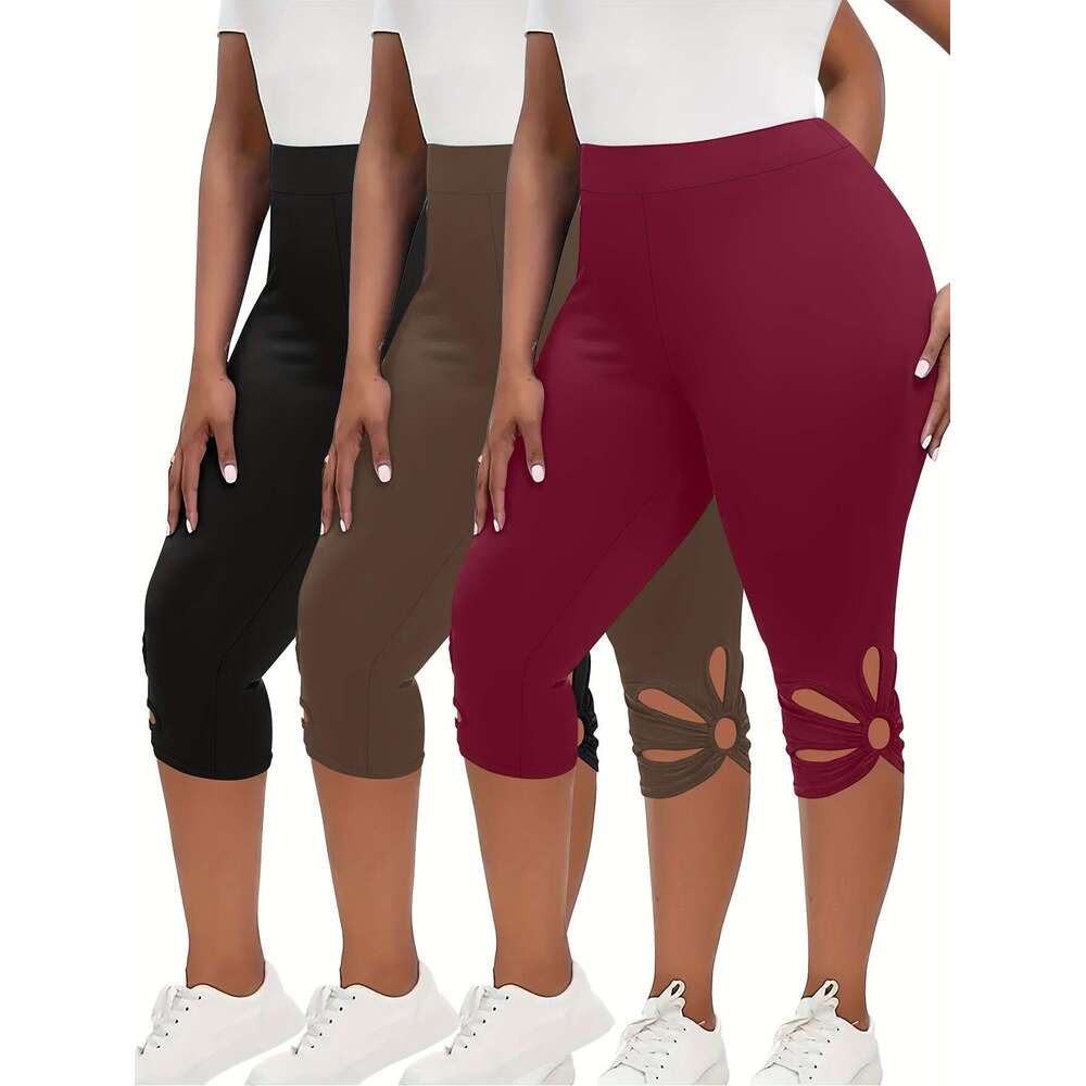 Women's 3pcs High Waist Capri Leggings - Slimming, Stretchy Activewear with Cutout Detail, Plus Size Yoga Pants