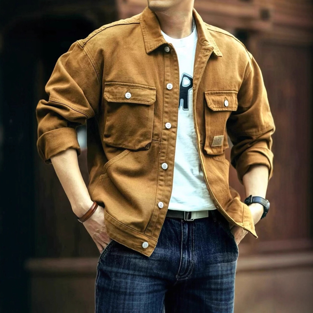 Spring And Autumn American Style Washed Designer Jacket Denim Jacket For Men Stylish Loose Trendy Brand Workwear With Large Pockets