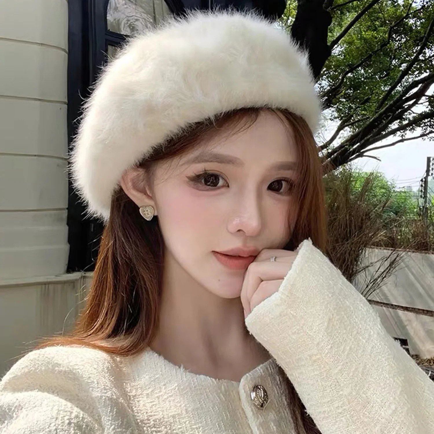 Sweet Faux Rabbit Fur Beret Hat Women Autumn Winter Thicken Keep Warm Furry Flush Artist Flat Cap Solid Color Painter Hats 251029