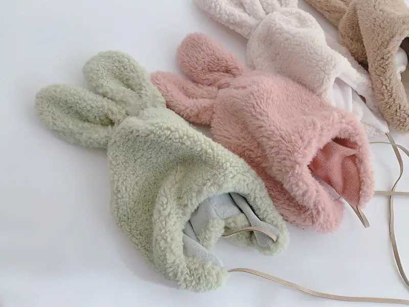 Cute Cartoon Bunny Ear Caps For Kids Winter Warm Hat Toddler Baby Kids Solid Color Kids Boy Girl Earflap Hats Bonnet Gorras251028