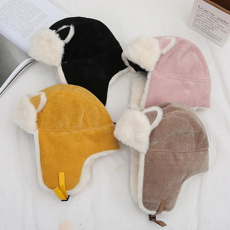Women Warm Earmuffs Thicken Ear Flapped Hat Winter Cold Proof Warm Cotton Hat Cat Ears Cap Winter Russian Caps 251029