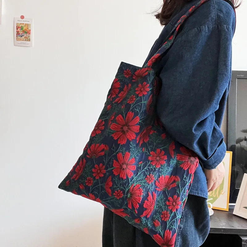 Vintage Jacquard Shoulder Bag for Women Floral Pattern Ladies Reusable Shopping Bag Portable Female Large Capacity Tote Handbags 251029