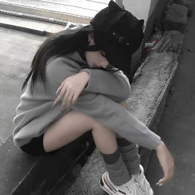 Womens Cats Ears Harajuku Gothic Lolita Beret Y2K Girls Steampunk Punk Zipper Handmade Sun Hat Cap