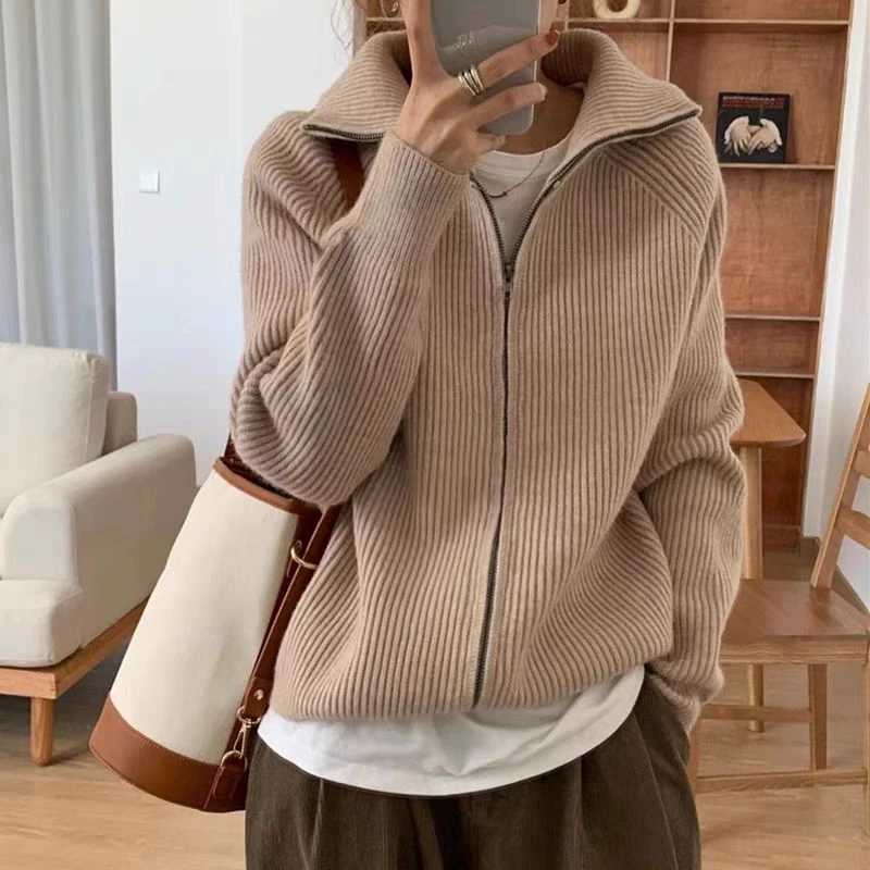 Womens Chic Open Cardigan Single Zipper Loose Knitted for Autumn Winter Korean Style Hot Sale Turndown Collar Simple SolidT251028