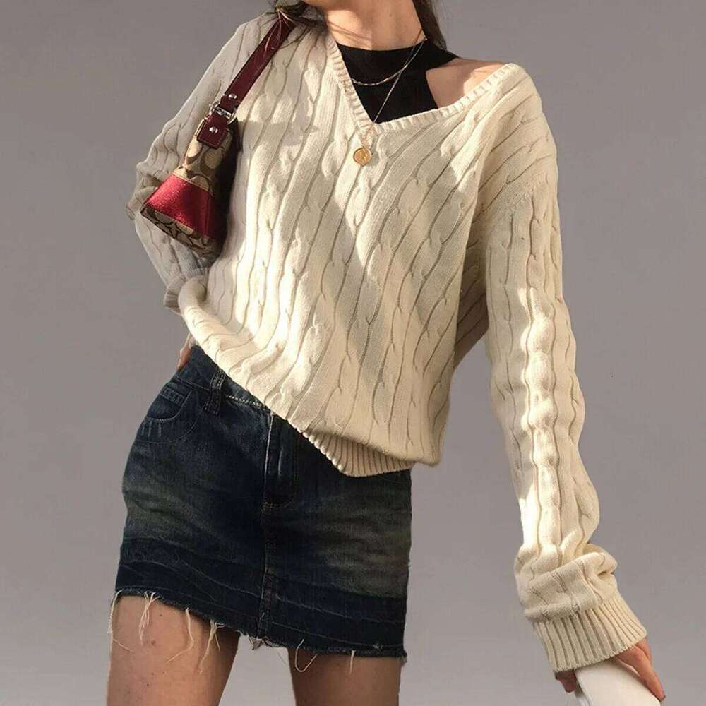 Brandy Women's Long Sleeve V-Neck Cable Knit Sweater Slim Fit Crop Top Navy Pullover Knitwear For Spring Fall Designer Sweater Women Bear Sweater