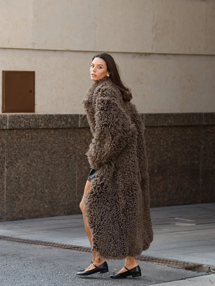 Women Solid Lamb Fur Long Coat Elegant Fashion Lapel Full Sleeve Warm Coats Lady Chic High Street Casual Winter Outerwear 2025 251029