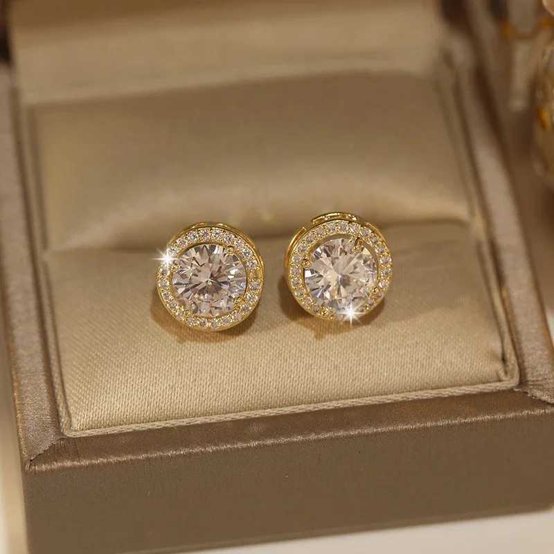 Luxury Crystal White Zircon Stud Earrings Simple Yellow Gold Color Round Vintage Wedding Jewelry For WomenW251029