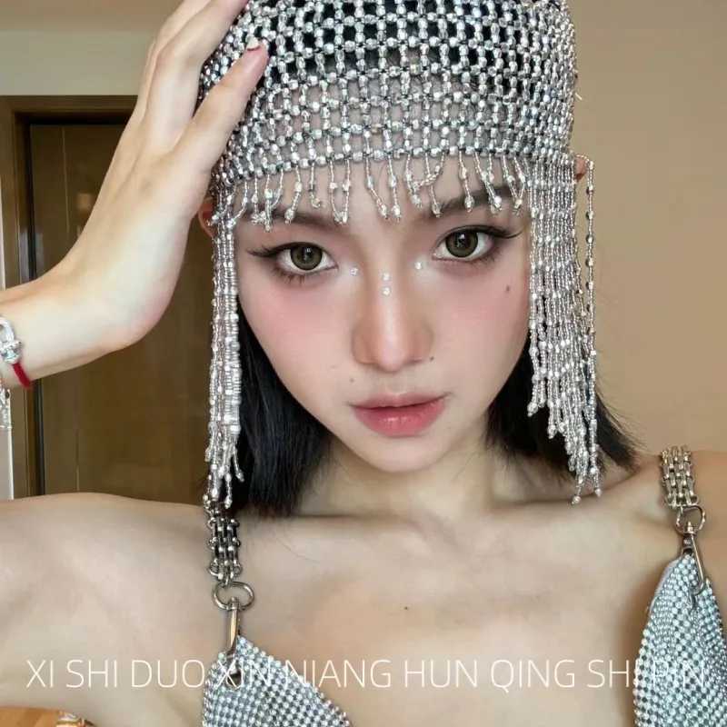 New European and American fashion stage super flash fringed hat personality exaggerated design evening dress exotic performanceW251029