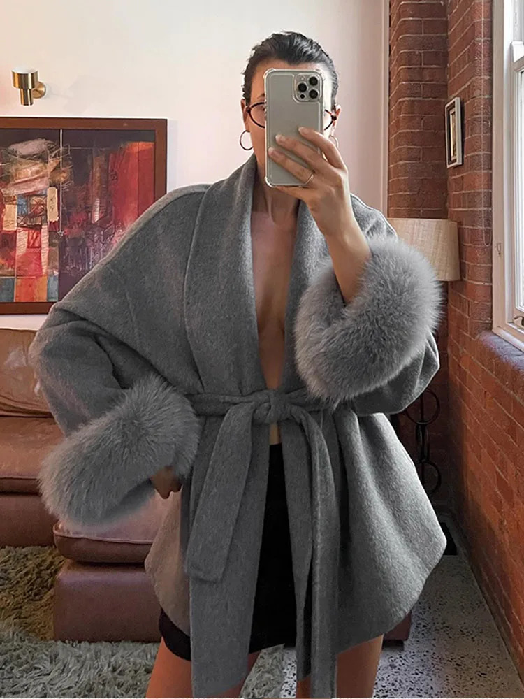 Faux Fox Fur Wool Overcoat Woman Grey Lace Up Lapel Long Sleeve Doublesided Woolen Coat Autumn Loose Solid Cardigan Jackets 251028