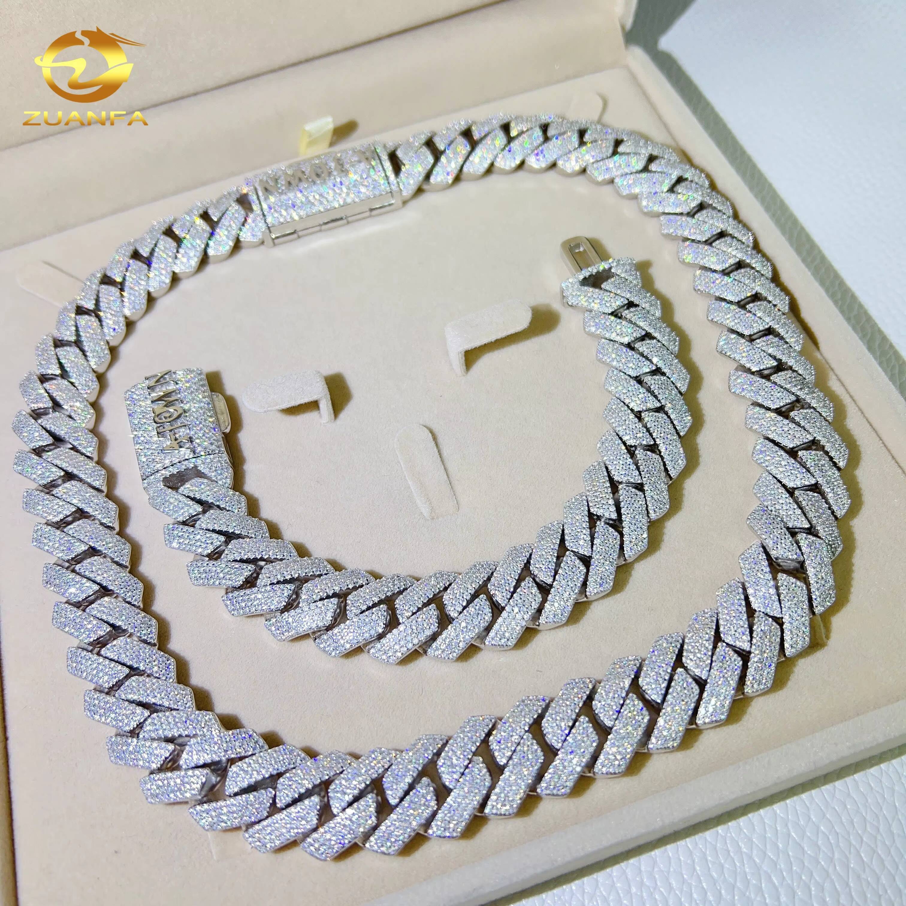 Pass Diamond Tester Gold Plated VVS Moissanite Luxury 925 Sterling Silver Hip Hop Diamond 15MM Width Cuban Link Chain