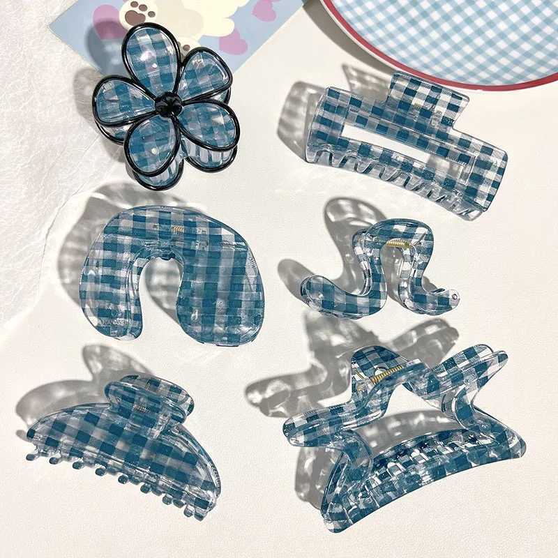 Deep Blue Crystal Textured Plaid Spliced Flower Hair Clip Vintage WomenS Bun Hair Quality Shark Clip Hair AccessoryW251028