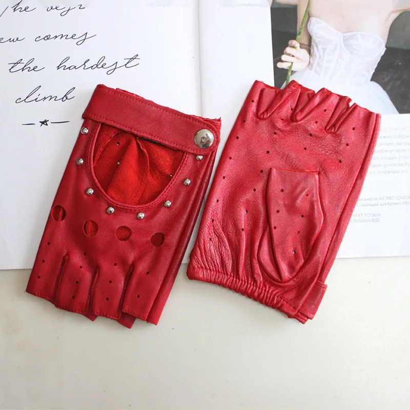 Womens Sheepskin Half Finger Gloves Thin Style Unlined Rivet Colored Genuine Leather Driving 251013