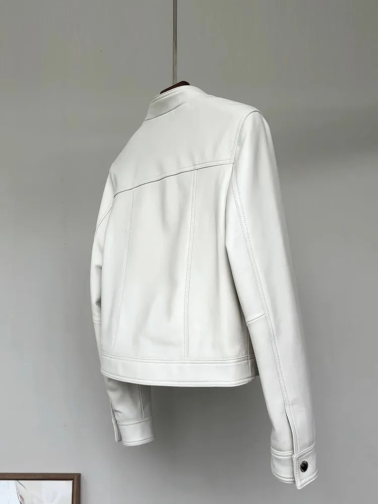 Lautaro Spring Autumn Short White Soft Pu Leather Jacket Women Stand Collar Long Sleeve Elegant Chic Clothing 251029