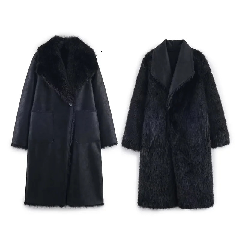 Womens Jacket Autumn Style Black LongSleeve Faux Fur Reversible Long Coat Elegant and Fashionable 251028