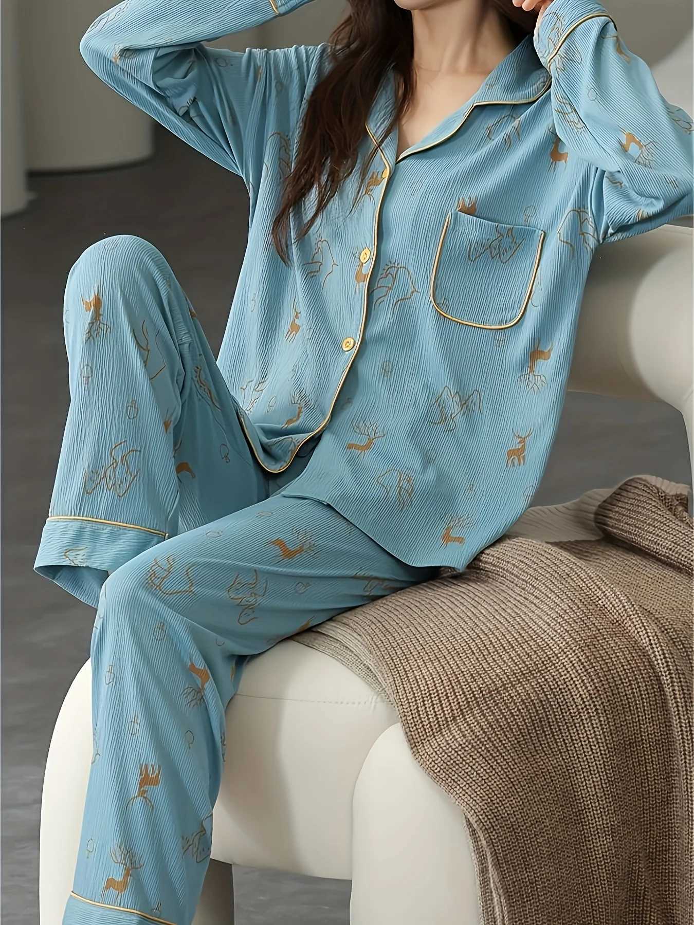 Womens Pajama Set LongSleeve Buttoned Top Elastic Waist Pants Autumn Winter Casual LoungewearT251029