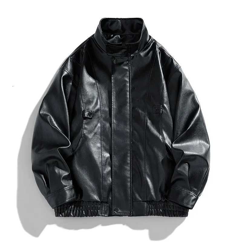 New Fashion Motorcycle Leather Jacket Casual Streetwear Multi Pocket Trend Outwear Men Bomber Pilot Retro Loose Pu Short CoatT251029