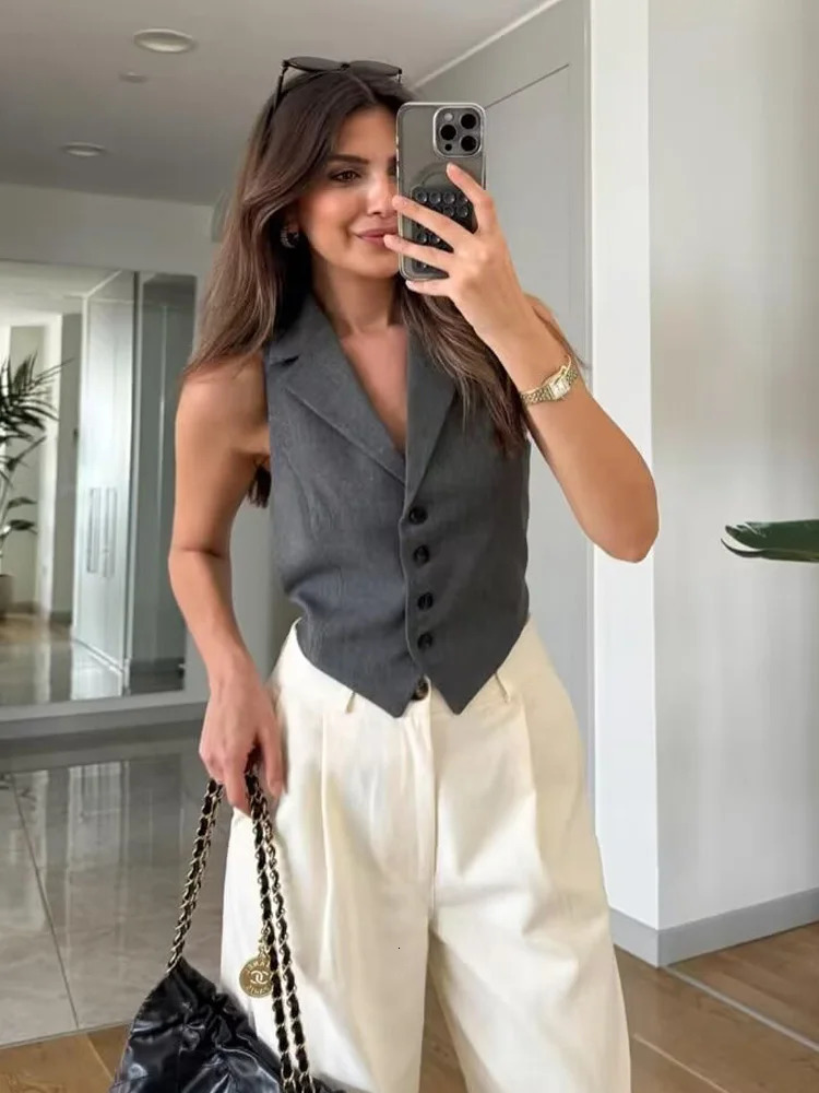 SLTNX Summer Women Turndown Collar Vests Back Lace Up Chic Single Breasted Waistcoat Tops Lady Sleeveless In Vest 251029