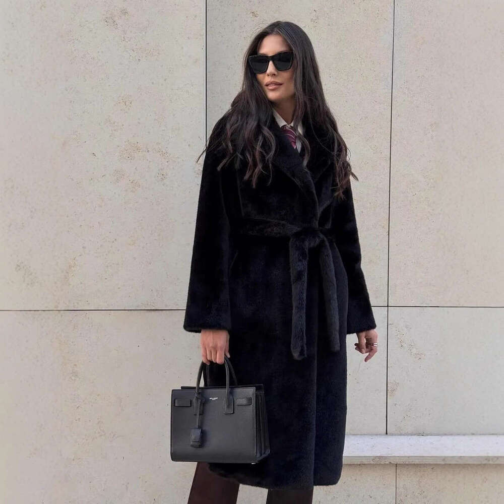 Belted Faux Mink Coat Plush Winter Long Thickened Eco-Friendly Fur Jacket For Women