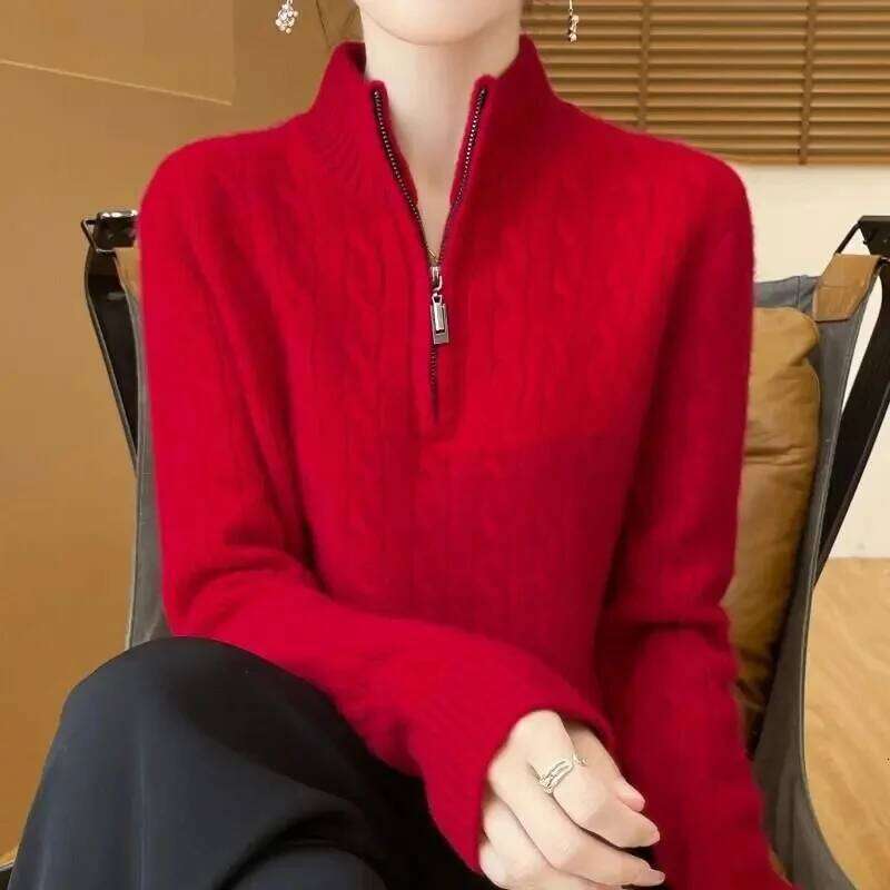 Sweater Coat Women's Autumn Winter 2025 New Half-Open Zipper Knitwear Female Loose Twisted Collar Thick Pullover Top Lady Designer Sweater Women 