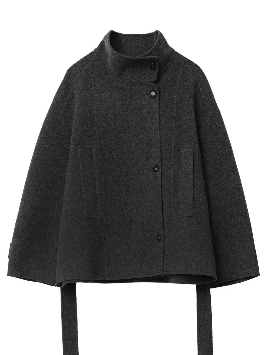 CHIC VEN Womens Doublesided Belt Woolen Coat Short Loose Overcoat Solid Female Outerwear Woman Jackets Autumn Winter 251029