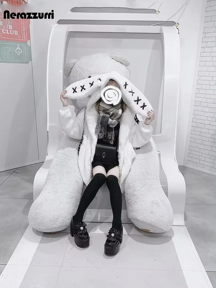 Nerazzurri Winter Sweet Cute Kawaii Soft Thick Warm White Faux Fur Coat Women with Bunny Ears Cute Fluffy Jacket Hoodie 251029