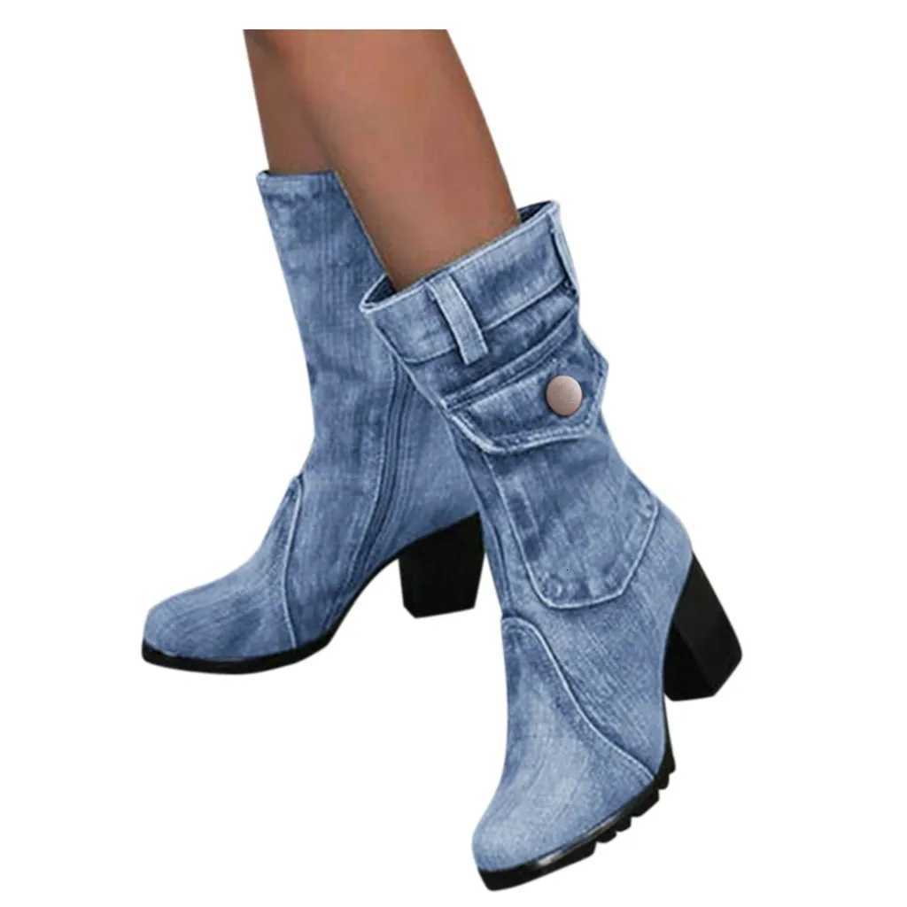 Blue jeans boots Womens Midrise Rome Solid SlipOn Chunky Med Heels Boots wild vintage Large Size Ladies shoes Z251029