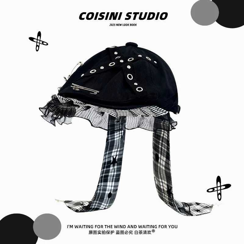 Vantage Punk Style Designer Spice Lace Berets Cap Y2K Spring and Autumn Street Trend Versatile Long Ear Streamer Womens HatsW251029