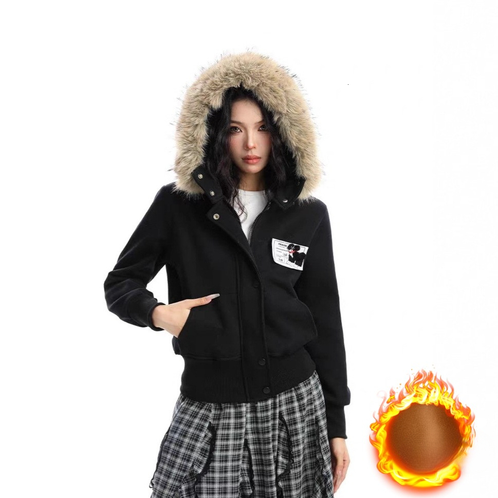 Designer American Camouflage Detachable Wool Collar Hooded Wool Cardigan New Women's Winter Hot Girl Short Sports Jacket