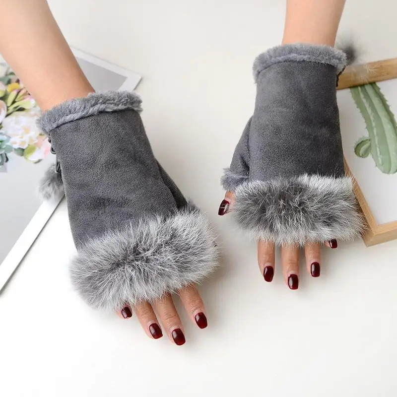 1 Pair Women Winter Warm Gloves Sexy Faux Rabbit Fur Hand Wrist Warmer Fingerless Gloves Suede Women Mittens Warm Wrist Gloves 251029