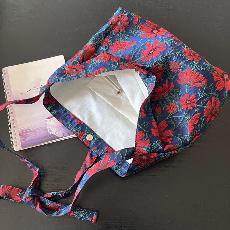 Vintage Jacquard Shoulder Bag for Women Floral Pattern Ladies Reusable Shopping Bag Portable Female Large Capacity Tote Handbags 251029