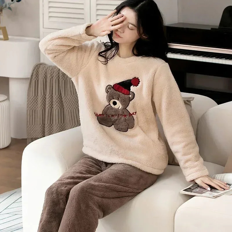 2 Piece Set Thickened Long Sleeve Trouser Set Couple Loungewear Women Flannel Cartoon Bear Gray TwoPiece Set Sleepwear Homewear 251029