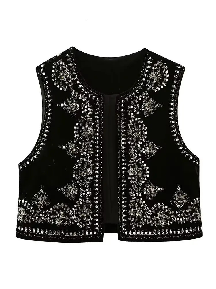 Vintage Autumn Velvet Embroidered Vest Sleeveless Jacket Women V Neck Chic Waistcoats Female Fashion Vests Coat 251029