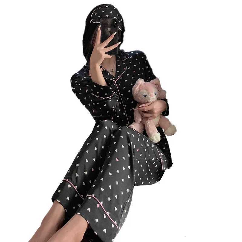 Women Heart Graphic Print Ice Silk Cardigan Lapels Long Sleeve Trousers Pajamas Student Loungewear Sleepwear Europe and AmericaT251029