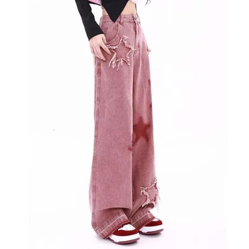 Spring Autumn Women Pants Retro Jeans Fivepoint Star Raw Edge Splicing Loose Wideleg Jeans Trendy Allmatch Mopping Pants 251029