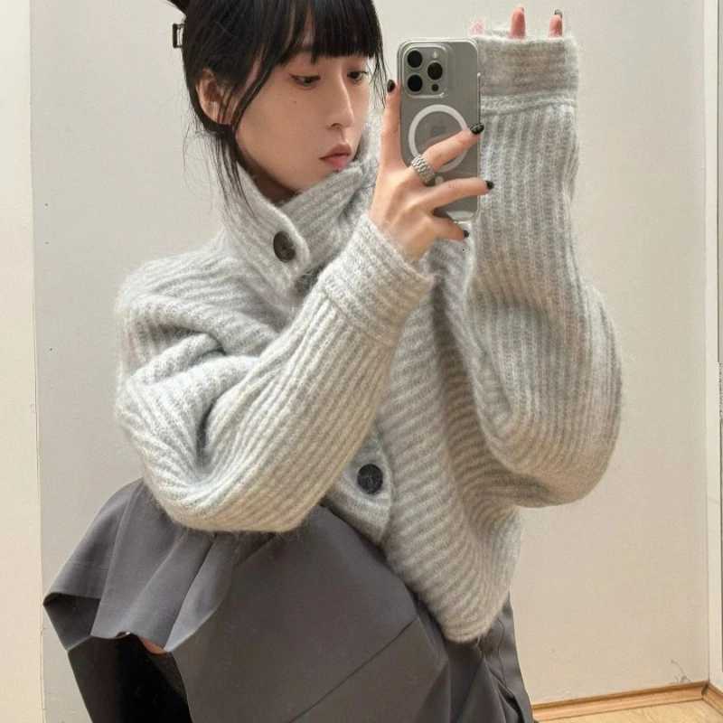Deeptowm Y2K Gray Striped Women Sweater Vintage Turtleneck Korean Fashion Knit Cardigan Harajuku Button Autumn Loose Old MoneyT251028