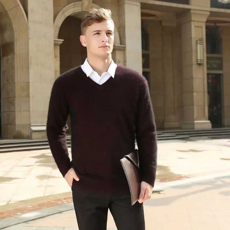 Autumn And Winter New Warm Pure Mink Cashmere Sweater Mens Vneck Pullover Thickened Plus Size Knitted Bottoming Shirt J251029
