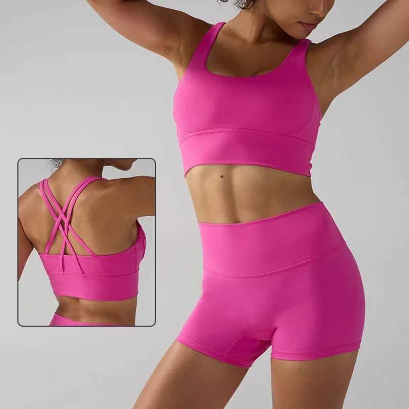 2 Pieces Solid Color Women Yoga Set Cross Sport Bra High Waist Yoga Leggings Tracksuit Suit Comprehensive Training AthleticXJ251029