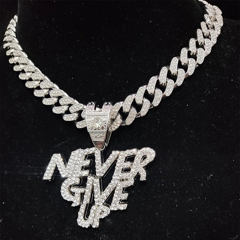 Men Women Hip Hop NEVER GIVE UP Pendant Necklace 13mm Crystal Cuban Chain HipHop Iced Out Bling Necklaces Fashion Charm Jewelry 251029