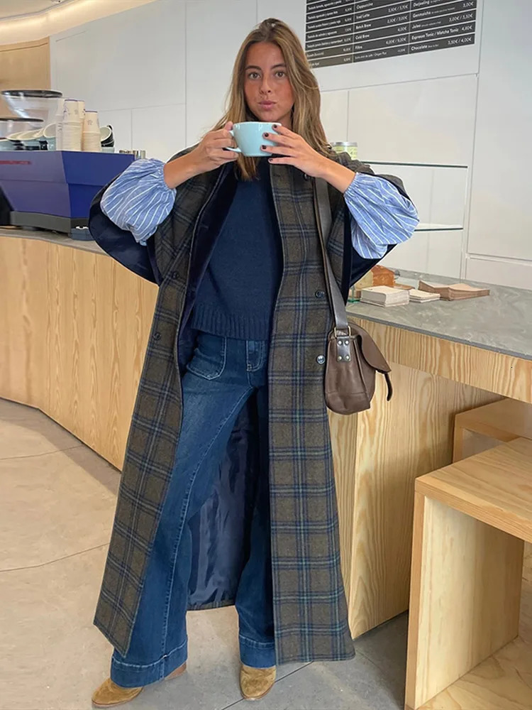 Elegant Cloak Double Breasted Long Coats Women Retro Lapel Side Loose Coat Female Autumn Winter Fashion Lady Outwear 251028