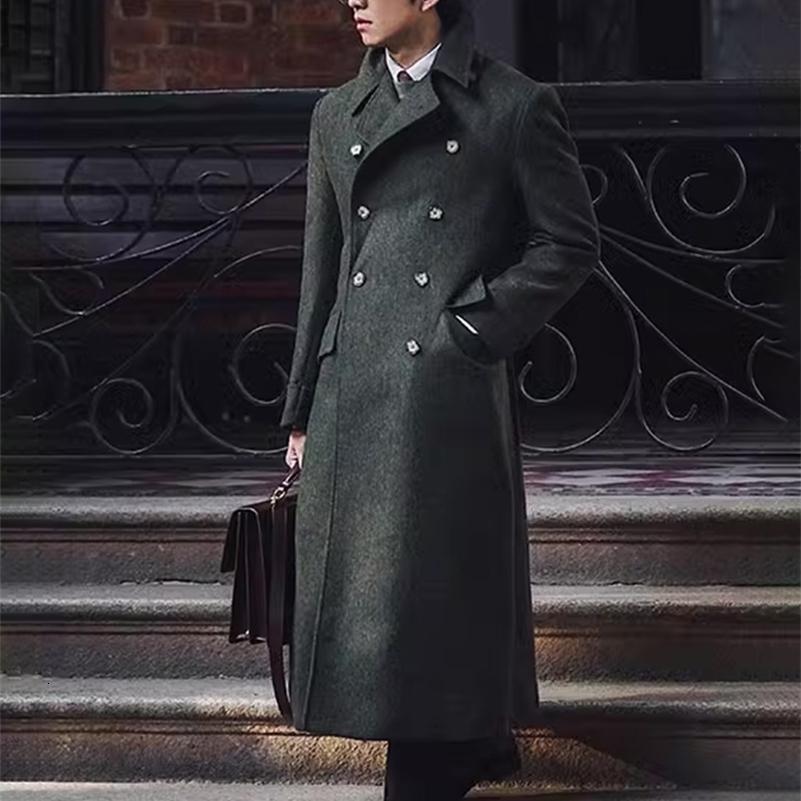 Mauroicardi Autumn Winter Long Warm Green Polo Coat Men Double Breasted Cool Elegant England Style Wool Blends Overcoat 251028