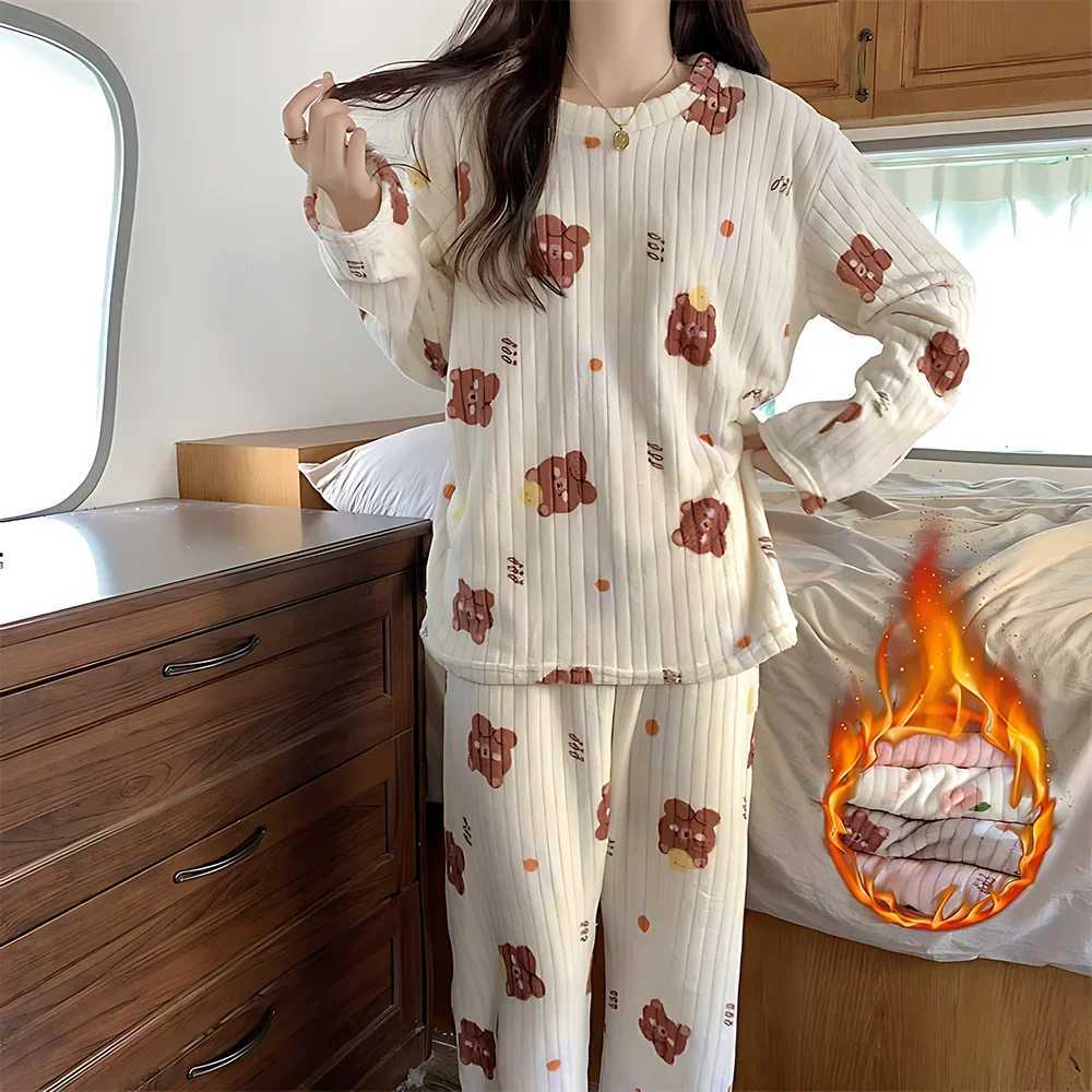 Warm Coral Fleece Pajama Set Two Piece Loungewear with Peach Bear Print Cozy Winter Sleepwear Christmas Gift for Women and GirlsT251029