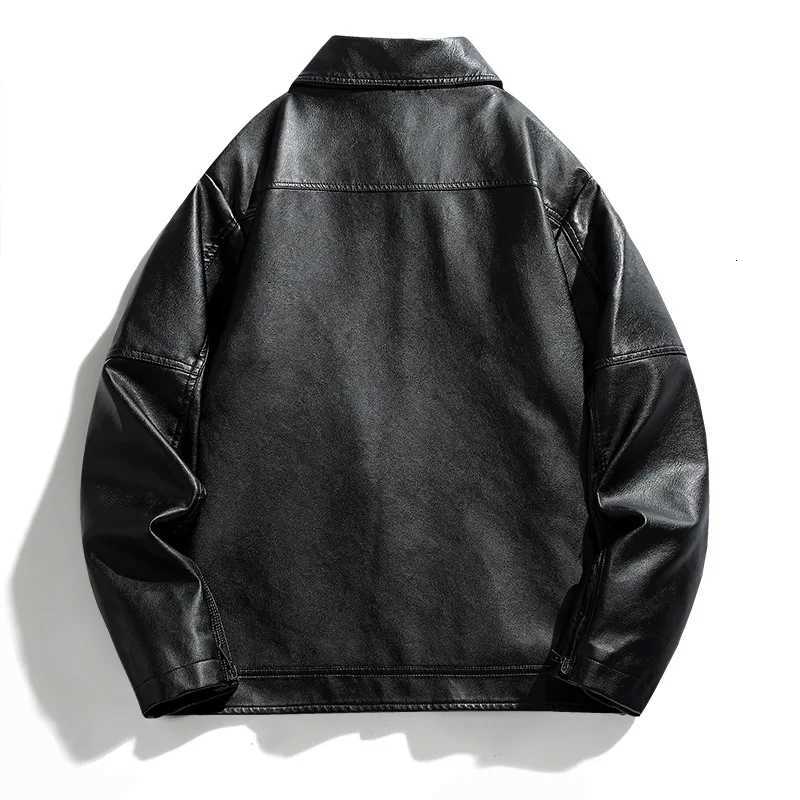 New Autumn Men Leather Coat Vintage Turn Down Collar Men Bomber Jacket Loose Long Sleeves Zipper Pocket Outerwear For MaleT251029