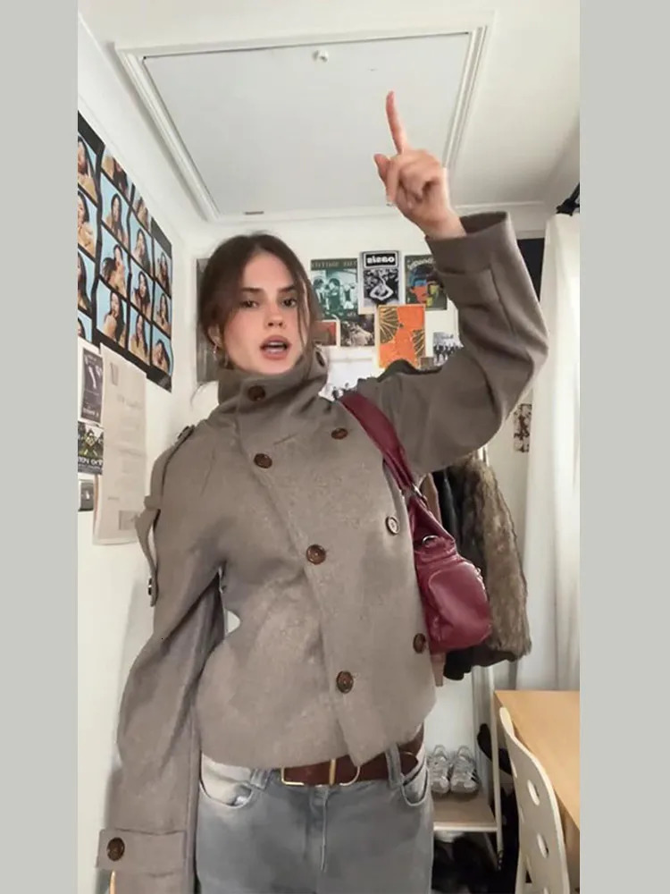 Elegant Solid Woolen Coats Women Full Sleeve Double Breasted Loose Stand Collar Jackets Female Autumn Lady Outwears 251028
