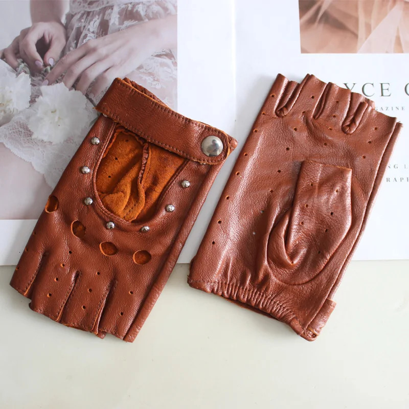 Womens Sheepskin Half Finger Gloves Thin Style Unlined Rivet Colored Genuine Leather Driving 251013