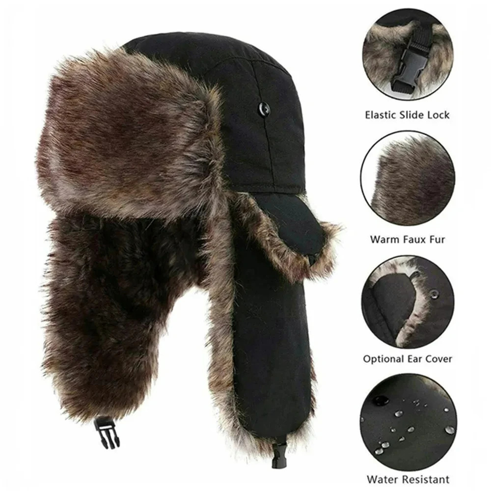 Mens Warm Soldier Hat Winter Pilot Patrolman Earmuffs Polyester Fiber Warm Russian Ski Hat Windproof Cold Pilot Hats i251029