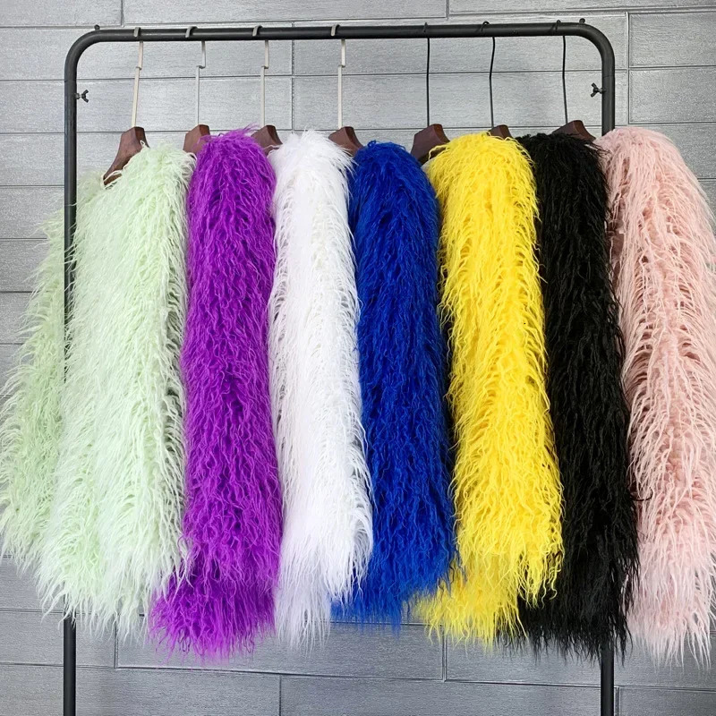 Mongolia Sheep Fur Women Medium Long Coat Jacket Colorful Warm Faux Fur Plush Coats Female Jacket Autumn Winter Furry Outerwear 251029