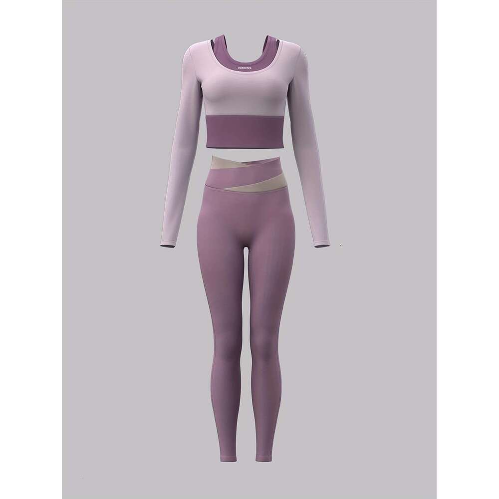 2pcs Women's suit Colorblocked design Long sleeves Built-in bra pads Matching leggings Suitable for cycling, fiess, yoga, running sports