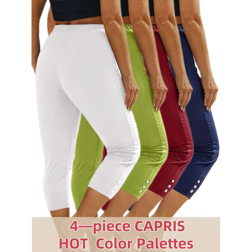 4pcs 7-inch High Waist Capri Leggings Women, Stretchy Comfortable, with Button Decor, Perfect for Yoga, Running & Fiess Workouts - Green, White, Pink,