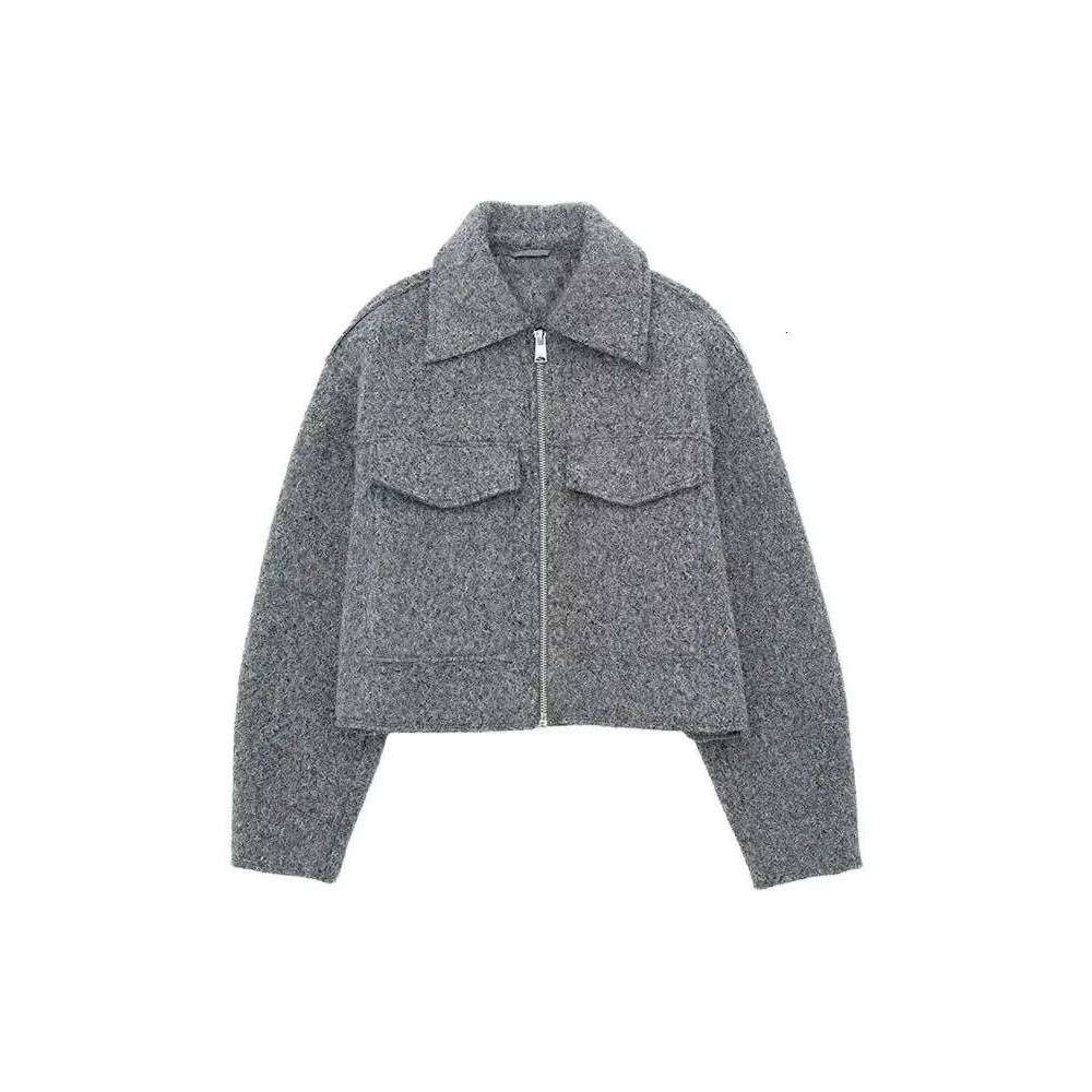 Women Fashion Patch Pockets With Flaps Cropped Jacket Coat Vintage Long Sleeve Front Zipper Female Outerwear Chic Tops